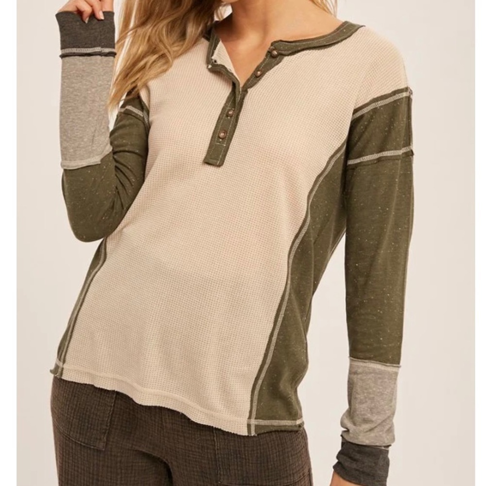 NWT Hem & Thread Color Block Henley Thermal Olive Green Gray Tan M